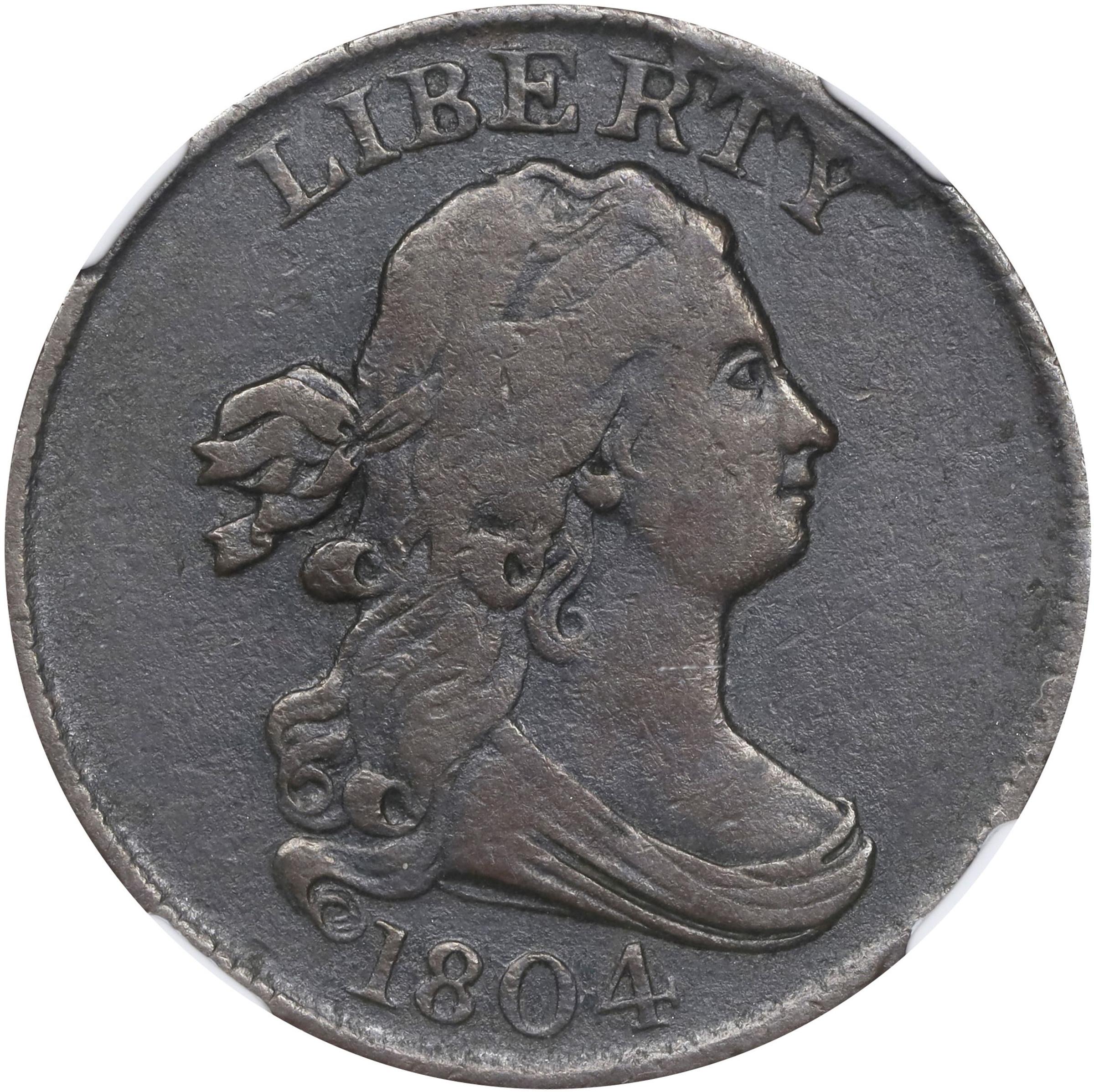 image for: 1804 Draped Bust Half Cent. C-9. Rarity-2. Crosslet 4, Stems to Wreath. VF-30 BN (NGC).