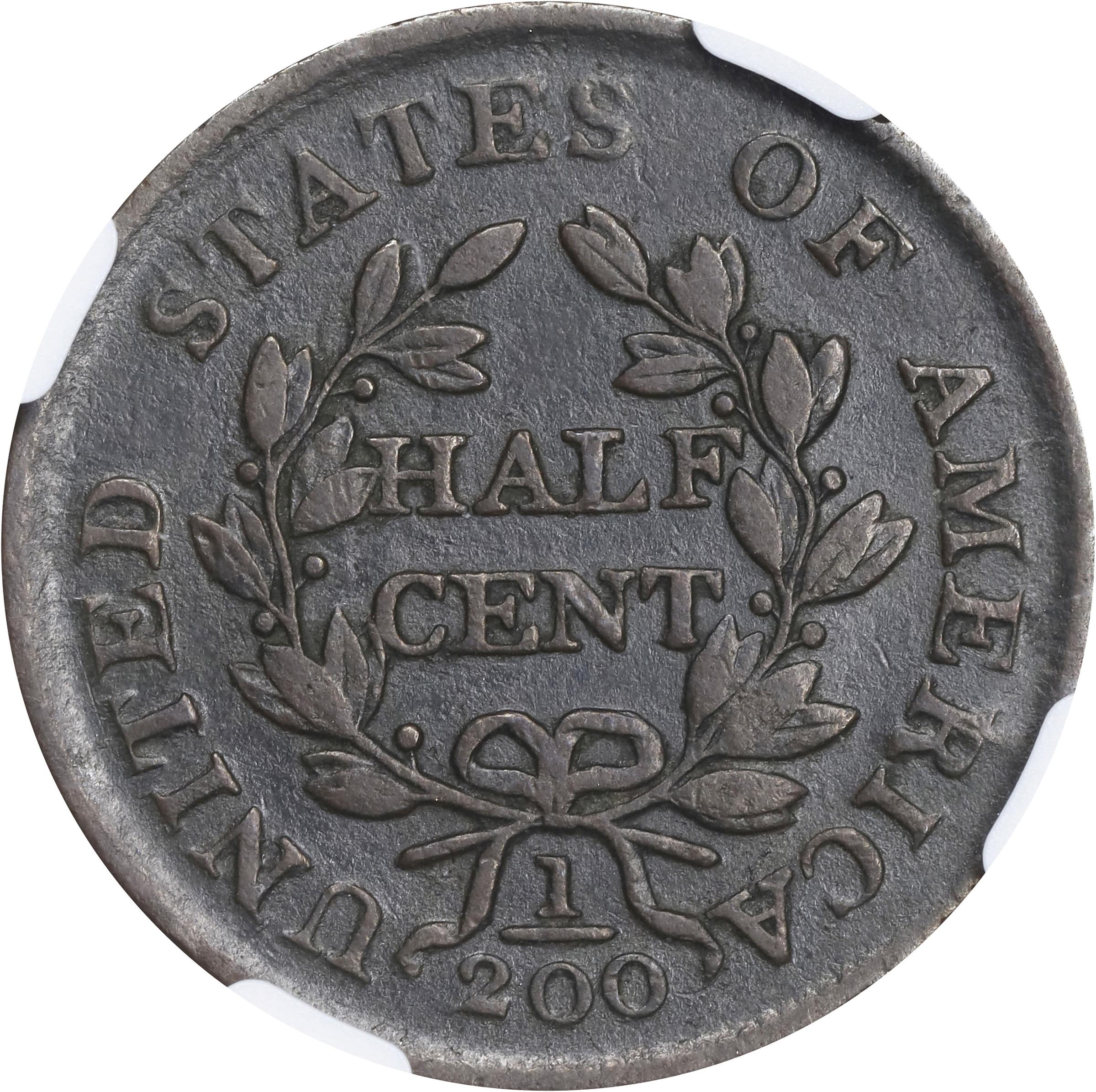 image for: 1804 Draped Bust Half Cent. C-9. Rarity-2. Crosslet 4, Stems to Wreath. VF-30 BN (NGC).