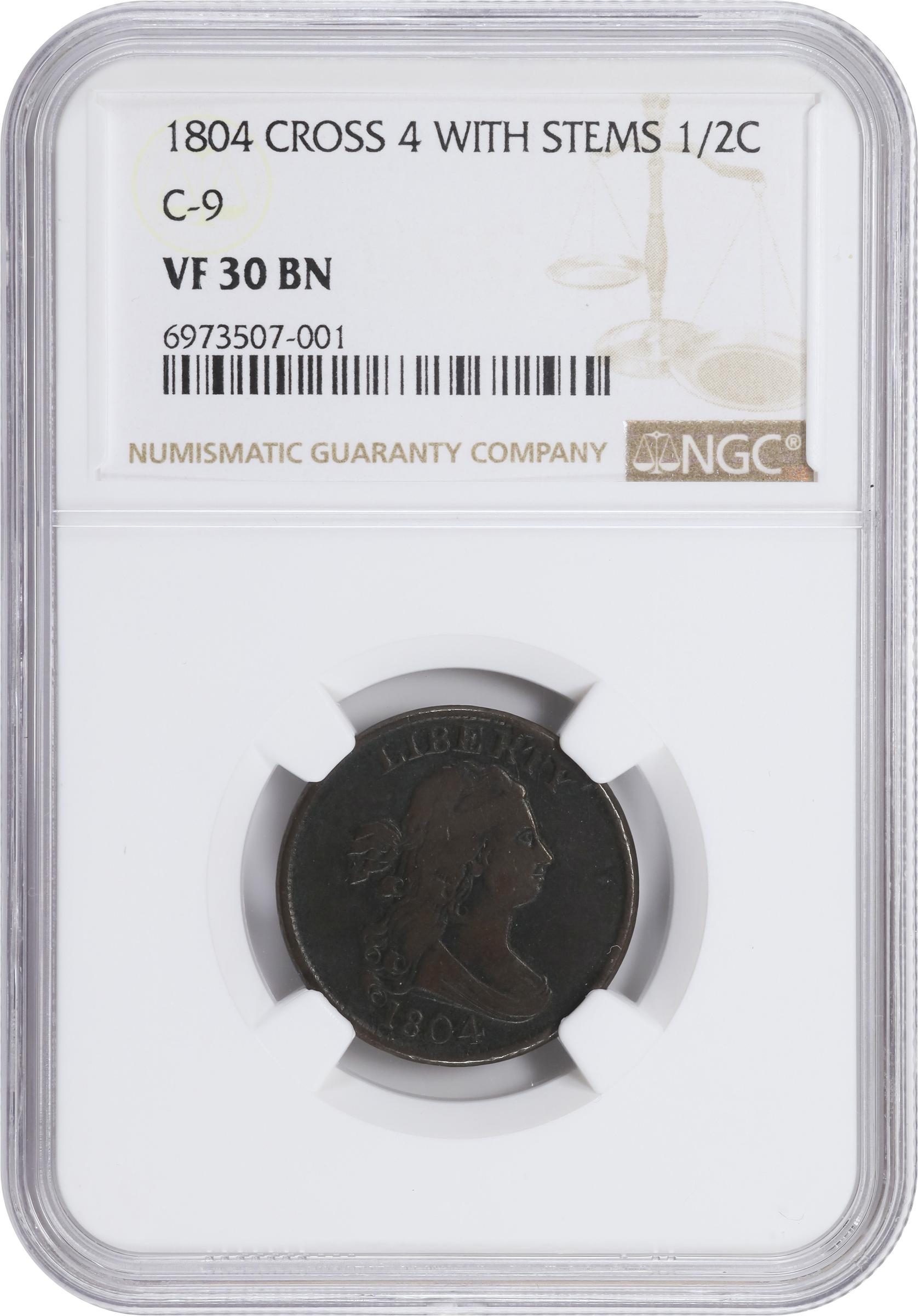 image for: 1804 Draped Bust Half Cent. C-9. Rarity-2. Crosslet 4, Stems to Wreath. VF-30 BN (NGC).