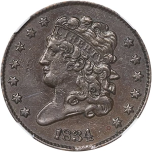 image for: 1834 Classic Head Half Cent. C-1. Rarity-1. AU-50 BN (NGC).