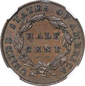 image for: 1834 Classic Head Half Cent. C-1. Rarity-1. AU-50 BN (NGC).