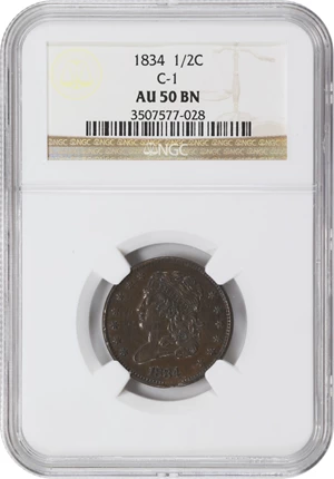 image for: 1834 Classic Head Half Cent. C-1. Rarity-1. AU-50 BN (NGC).