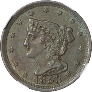 image for: 1853 Braided Hair Half Cent. C-1. Rarity-1. MS-62 BN (NGC).