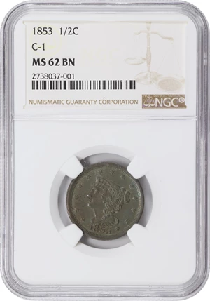 image for: 1853 Braided Hair Half Cent. C-1. Rarity-1. MS-62 BN (NGC).