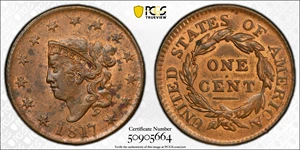image for: 1817 Matron Head Cent. N-14. Rarity-1. 13 Stars. MS-62 RB (PCGS).