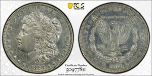 image for: 1878 Morgan Silver Dollar. 7/8 Tailfeathers. Weak. VAM-44. Top 100 Variety. 7/5 Tailfeathers, Tripled Blossoms. AU Details--Cleaned (PCGS).