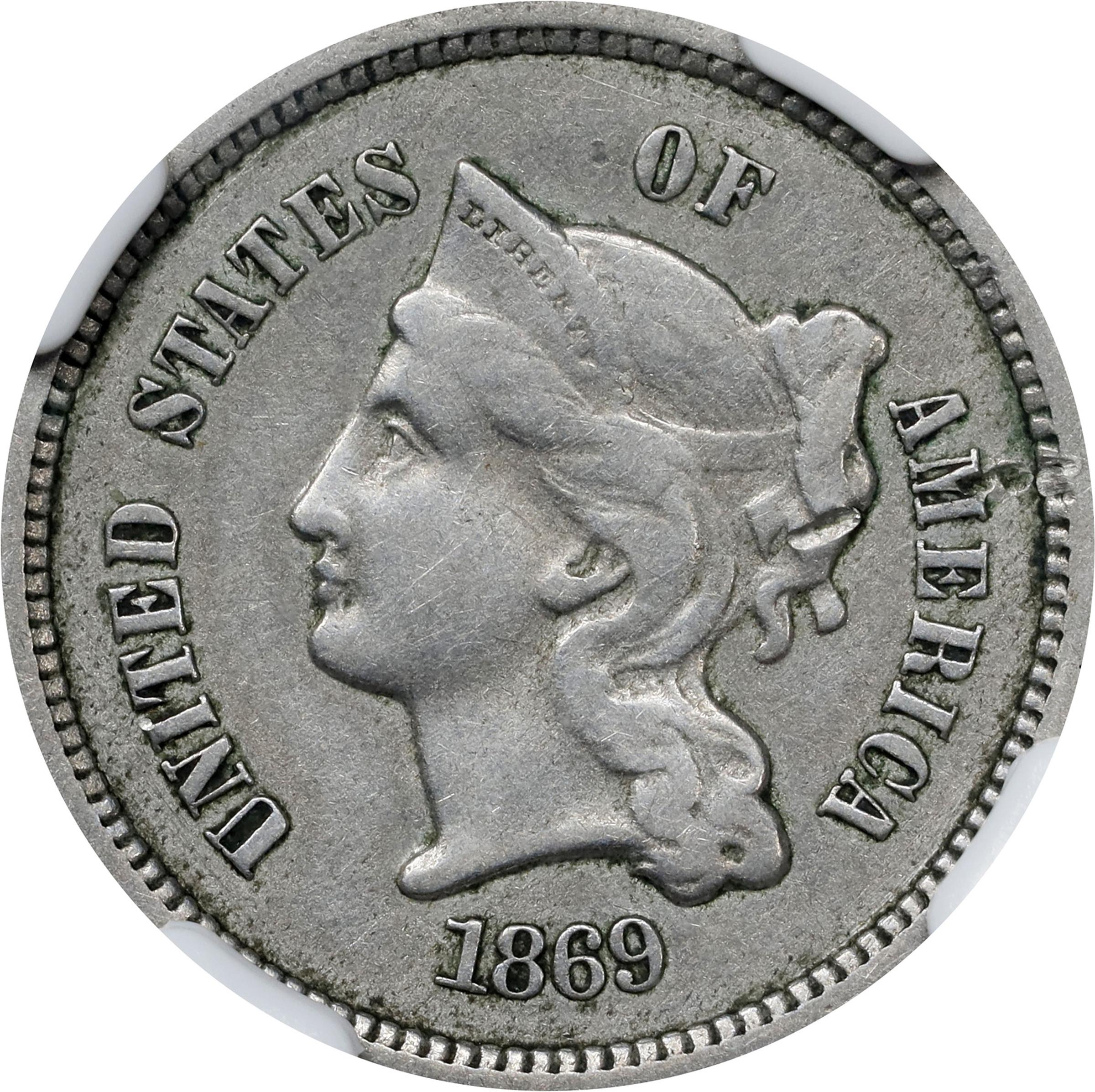 image for: 1869 Pattern Nickel Three-Cent Piece. Judd-676, Pollock-755. Rarity-4. Nickel. Plain Edge. Proof-40 (NGC).