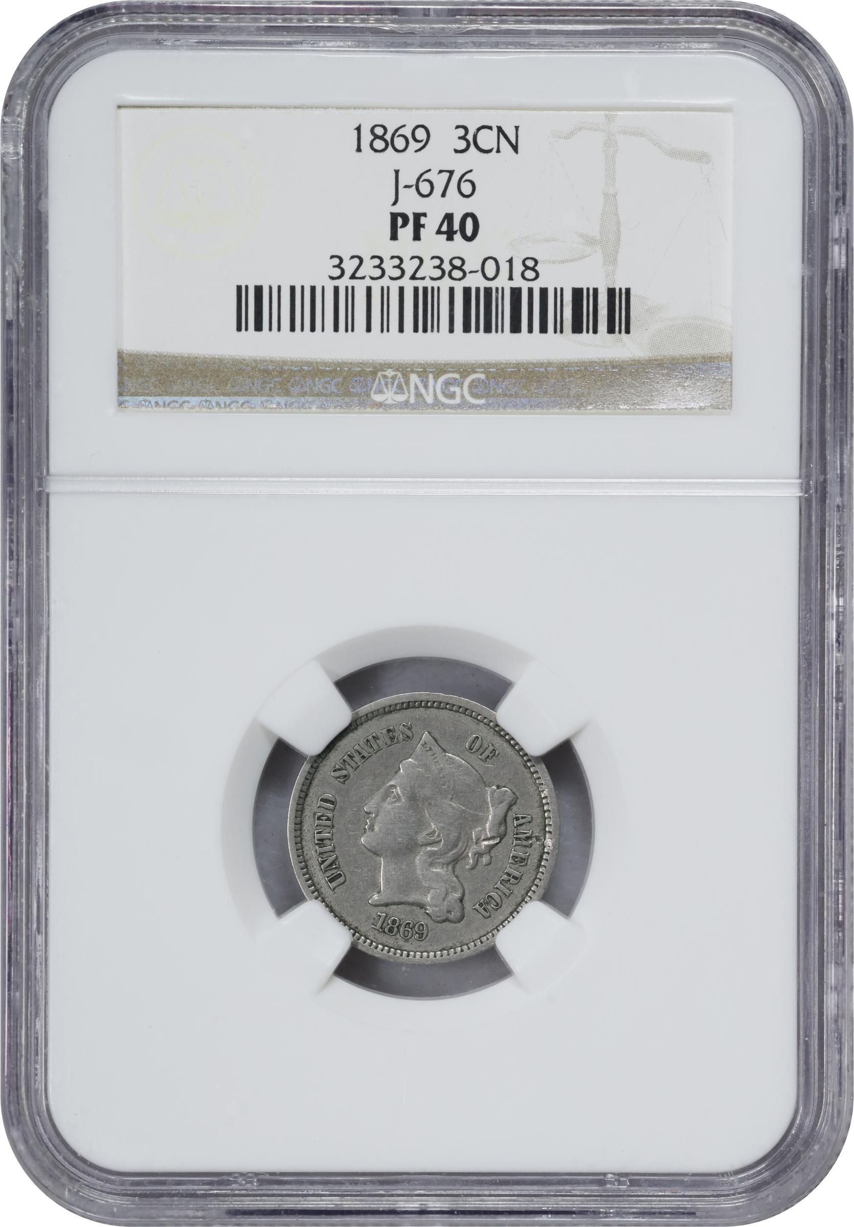 image for: 1869 Pattern Nickel Three-Cent Piece. Judd-676, Pollock-755. Rarity-4. Nickel. Plain Edge. Proof-40 (NGC).