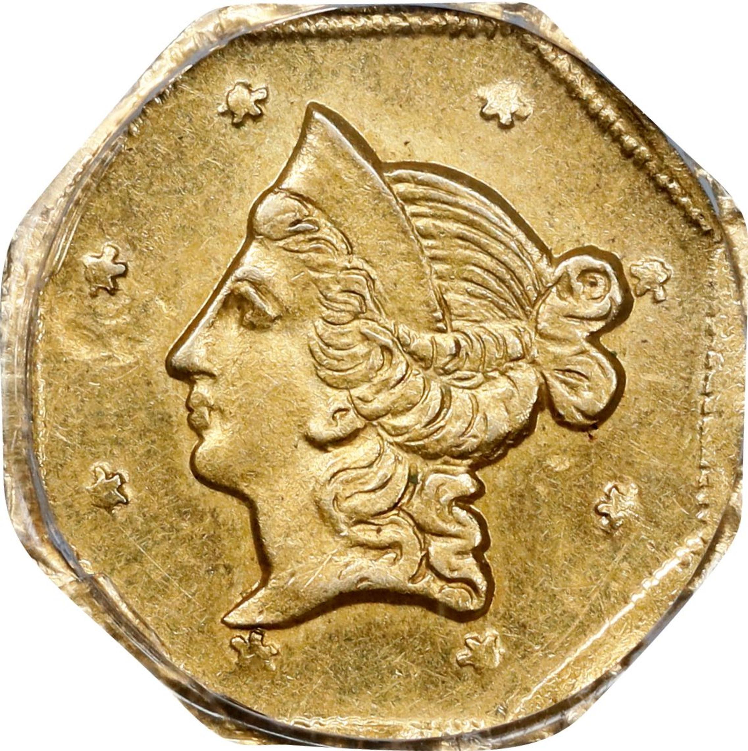 image for: 1853-DERI Octagonal $1. BG-519. Rarity-4-. Liberty Head. AU-58 (PCGS).