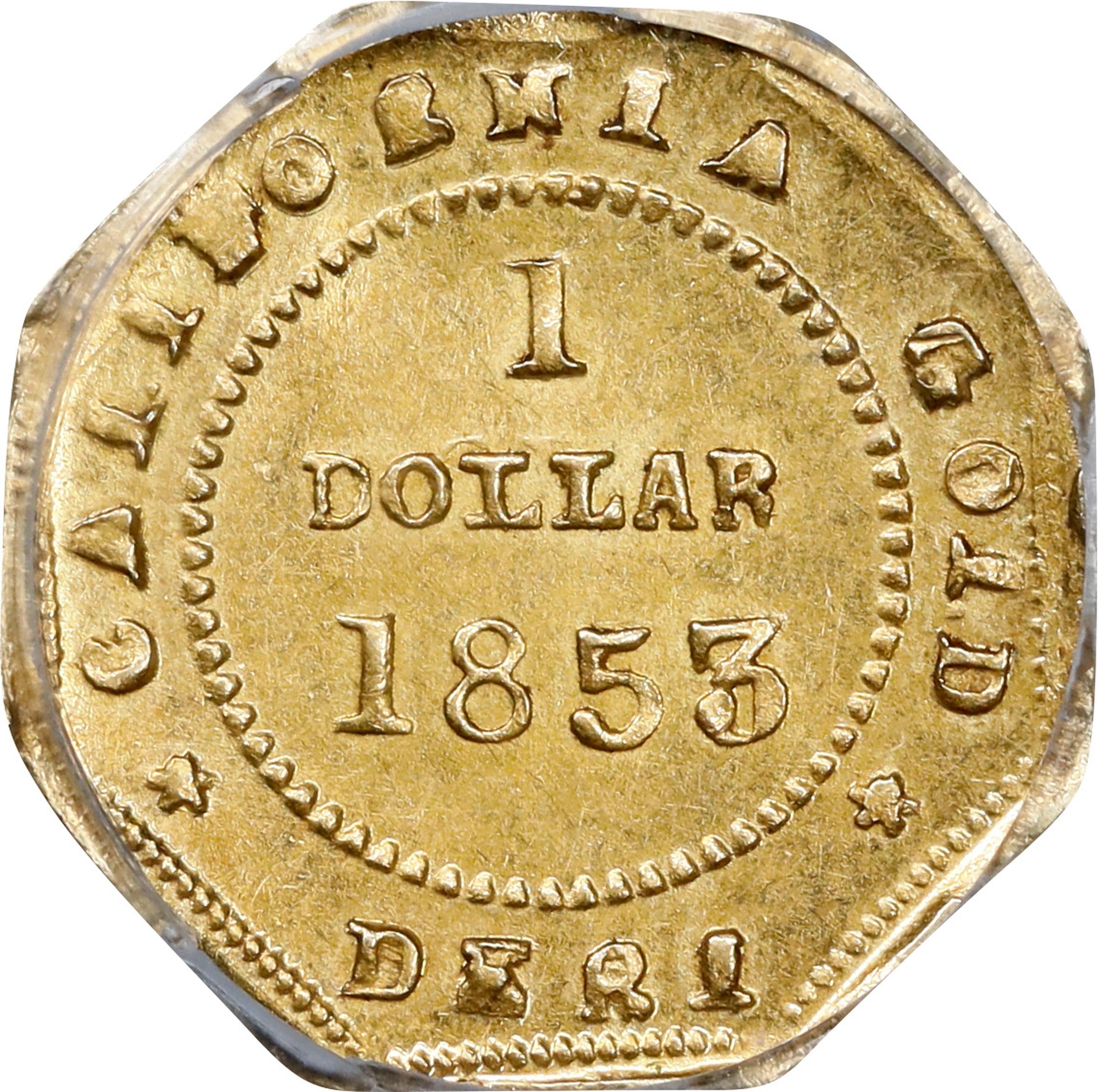 image for: 1853-DERI Octagonal $1. BG-519. Rarity-4-. Liberty Head. AU-58 (PCGS).