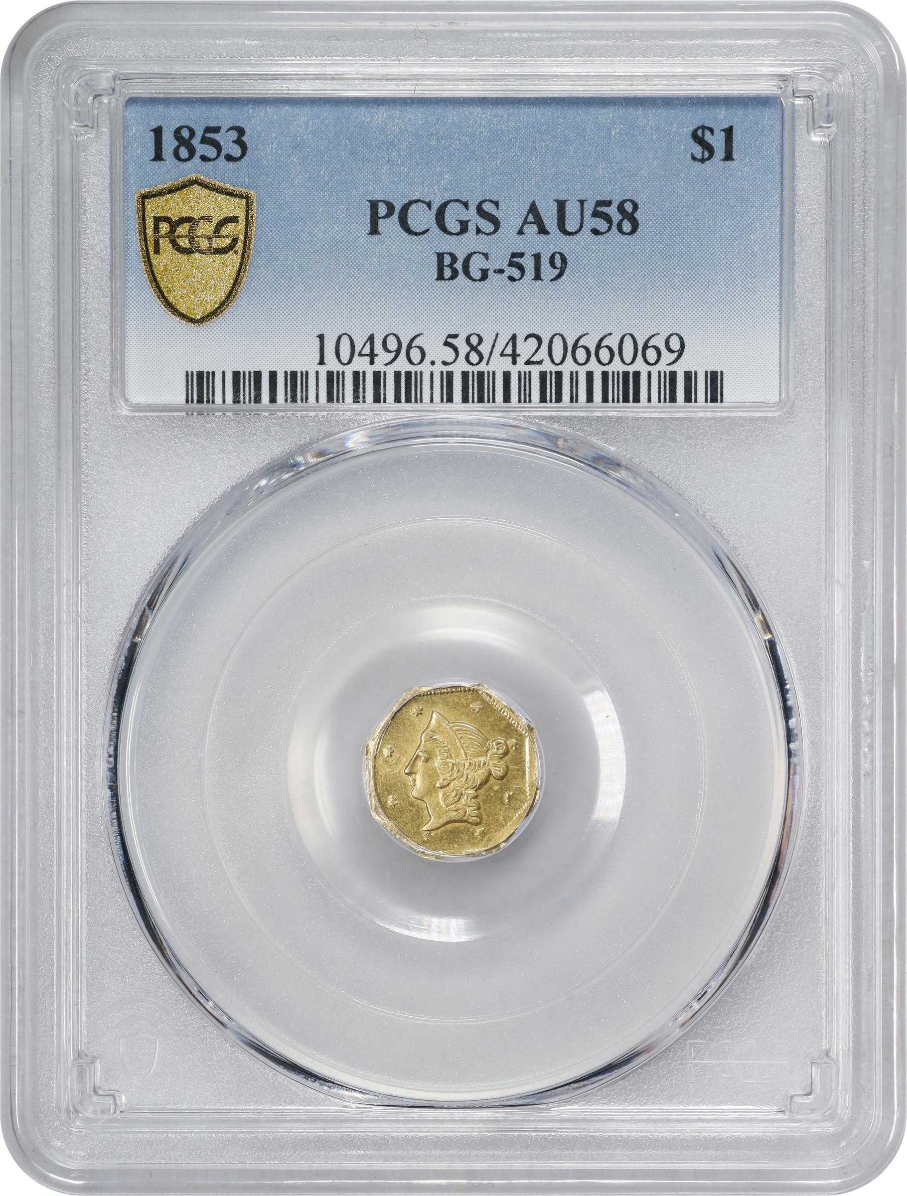 image for: 1853-DERI Octagonal $1. BG-519. Rarity-4-. Liberty Head. AU-58 (PCGS).