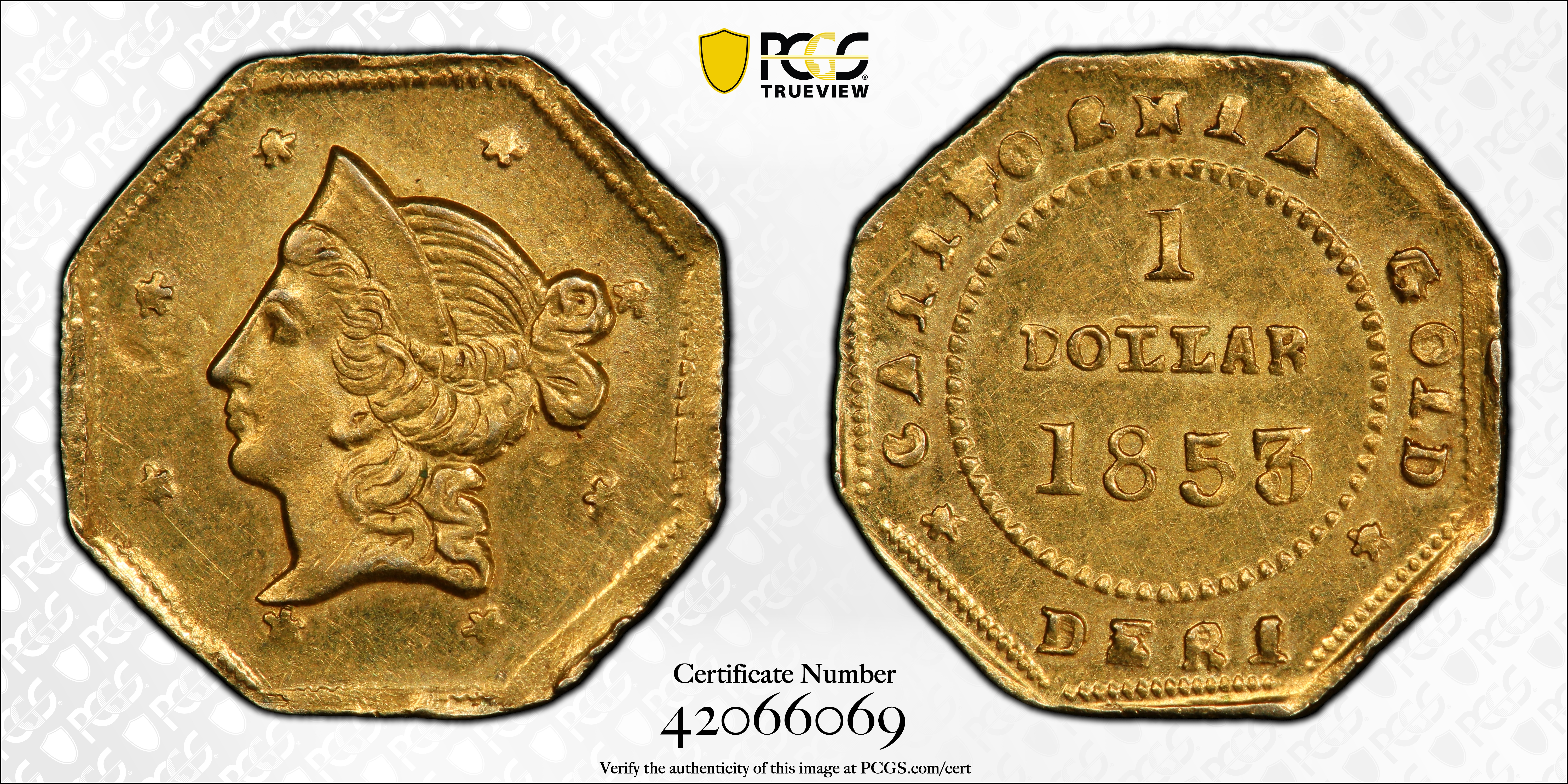 image for: 1853-DERI Octagonal $1. BG-519. Rarity-4-. Liberty Head. AU-58 (PCGS).