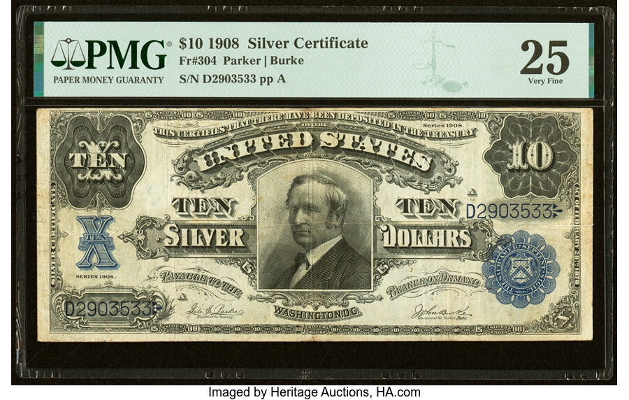 image for: Fr. 304 $10 1908 Silver Certificate PMG Very Fine 25....