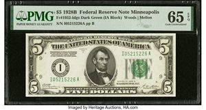 image for: Fr. 1952-I $5 1928B Federal Reserve Note. PMG Gem Uncirculated 65 EPQ....