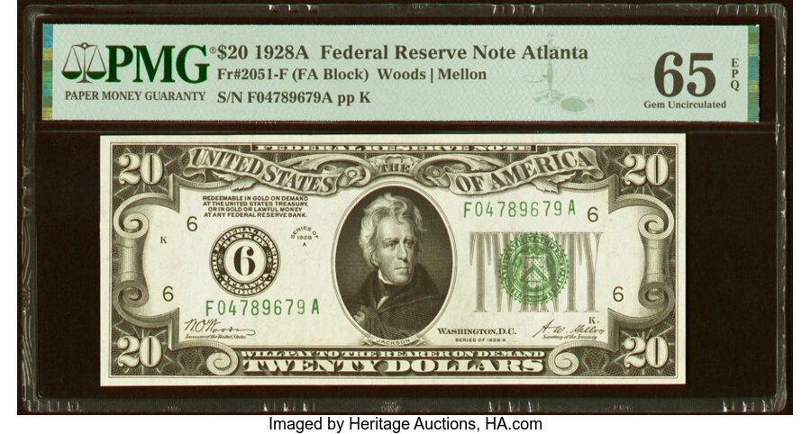 image for: Fr. 2051-F $20 1928A Federal Reserve Note. PMG Gem Uncirculated 65 EPQ....