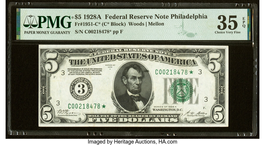 image for: Fr. 1951-C* $5 1928A Federal Reserve Star Note. PMG Choice Very Fine 35 EPQ....