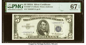 image for: Fr. 1656* $5 1953A Silver Certificate Star. PMG Superb Gem Unc 67 EPQ....