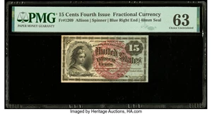 image for: Fr. 1269 15¢ Fourth Issue PMG Choice Uncirculated 63....