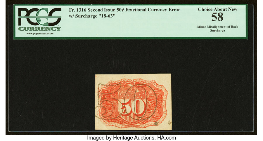image for: Minor Misalignment of Back Surcharge Error Fr. 1316 50¢ Second Issue PCGS Choice About New 58....