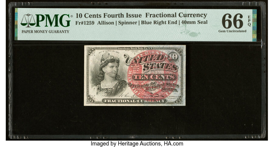 image for: Fr. 1259 10¢ Fourth Issue PMG Gem Uncirculated 66 EPQ....