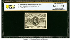 image for: Fr. 1239 5¢ Third Issue PCGS Banknote Superb Gem Unc 67 PPQ....