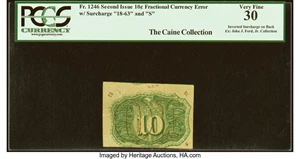 image for: Inverted Back Surcharge Error Fr. 1246 10¢ Second Issue PCGS Very Fine 30....