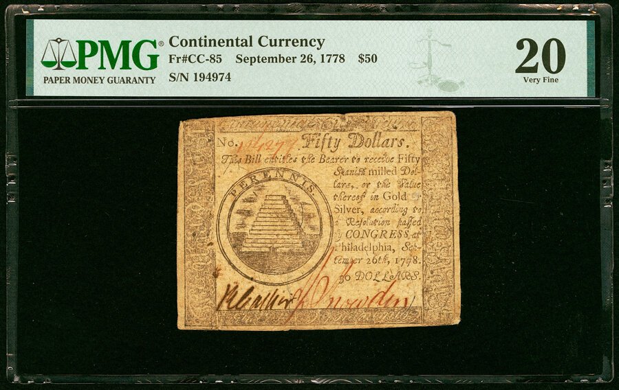image for: Continental Currency September 26, 1778 $50 PMG Very Fine 20....