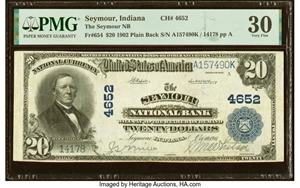image for: Seymour, IN - $20 1902 Plain Back Fr. 654 The Seymour National Bank Ch. # 4652 PMG Very Fine 30....