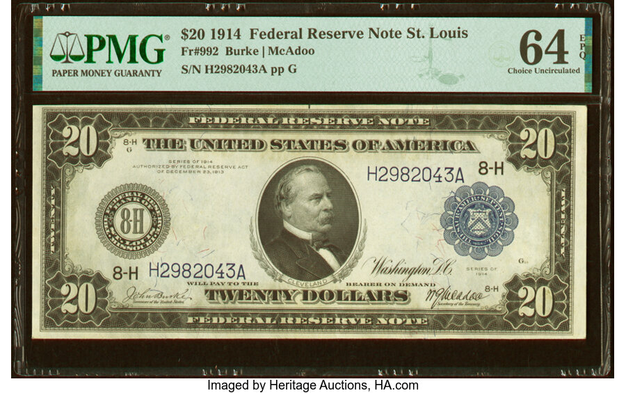 image for: Fr. 992 $20 1914 Federal Reserve Note PMG Choice Uncirculated 64 EPQ....