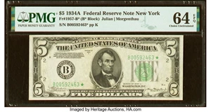 image for: Fr. 1957-B* $5 1934A Federal Reserve Star Note. PMG Choice Uncirculated 64 EPQ....