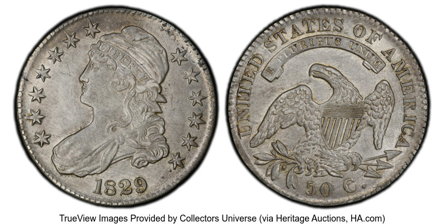 image for: 1829 50C Small Letters, O-108a, R.3, AU53 PCGS.  Mintage 3,712,156....