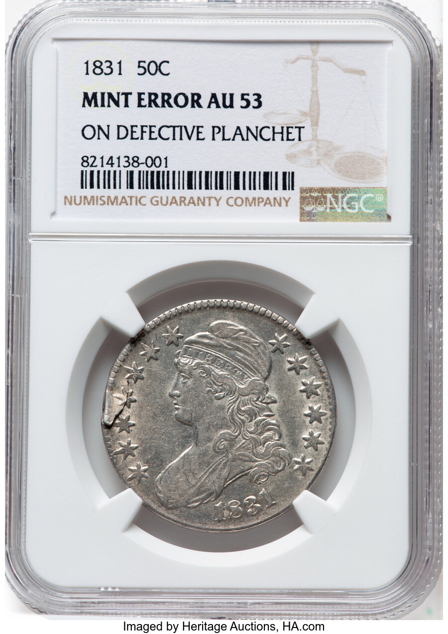 image for: 1831 50C O-110, R.2 -- On a Defective Planchet -- AU53 NGC.  Mintage 5,873,660....