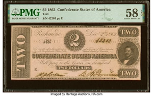 image for: T54 $2 1862 PF-11 Cr. 392 PMG Choice About Unc 58 EPQ....