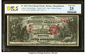image for: Boston, MA - $5 1875 Fr. 402 The Atlantic National Bank Ch. # 643 PCGS Banknote Very Fine 25....