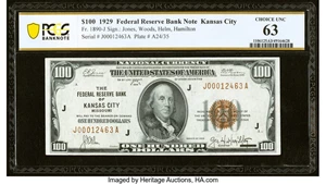 image for: Fr. 1890-J $100 1929 Federal Reserve Bank Note. PCGS Banknote Choice Unc 63....