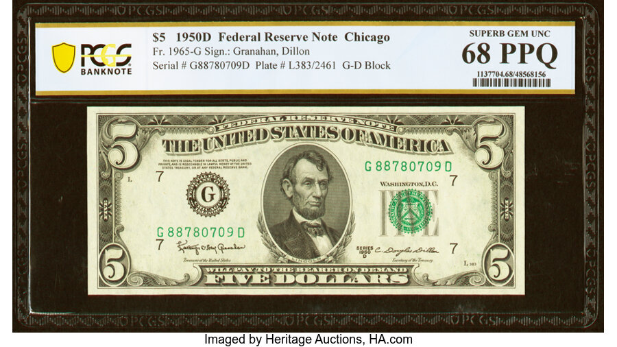 image for: Fr. 1965-G $5 1950D Federal Reserve Note. PCGS Banknote Superb Gem Unc 68 PPQ....