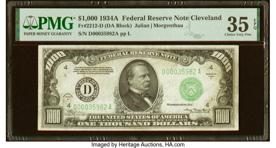 image for: Fr. 2212-D $1,000 1934A Federal Reserve Note. PMG Choice Very Fine 35 EPQ....