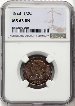 image for: 1828 1/2 C 13 Stars, B-2, C-3, R.1, MS63 Brown NGC. Mintage 606,000....