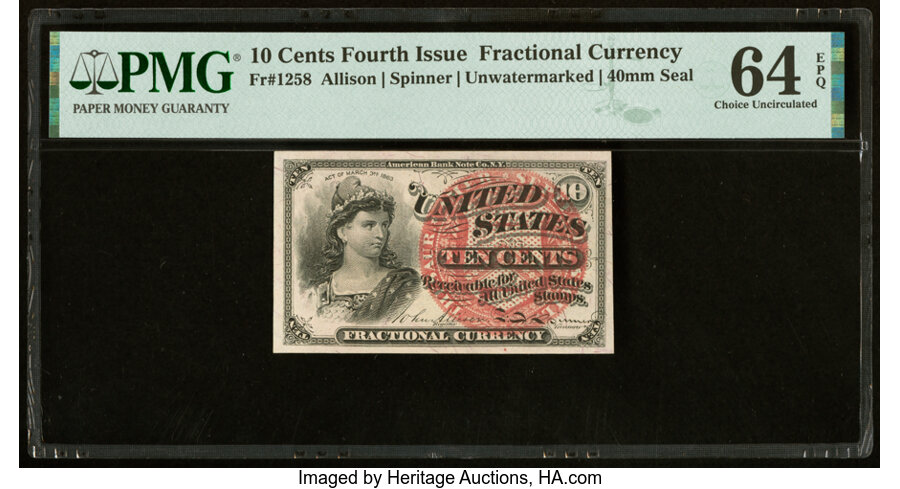 image for: Fr. 1258 10¢ Fourth Issue PMG Choice Uncirculated 64 EPQ....