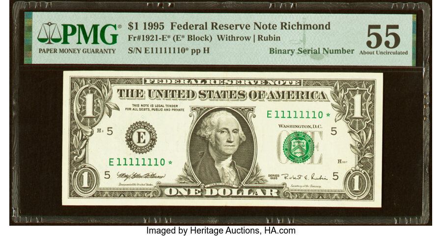 image for: Near Solid Binary Serial Number 11111110 Fr. 1921-E* $1 1995 Federal Reserve Star Note. PMG About Uncirculated 55....