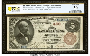 image for: Killingly, CT - $5 1882 Brown Back Fr. 466 The First National Bank Ch. # 450 PCGS Banknote Very Fine 30....