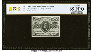 image for: Fr. 1239 5¢ Third Issue PCGS Banknote Gem Unc 65 PPQ....