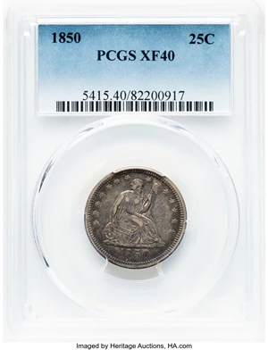 image for: 1850 25C XF40 PCGS. PCGS Population: (8/63). Mintage 190,800. ...
