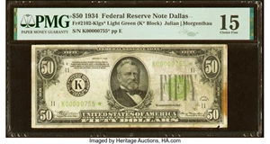 image for: Fr. 2102-K* $50 1934 Light Green Seal Federal Reserve Star Note. PMG Choice Fine 15....