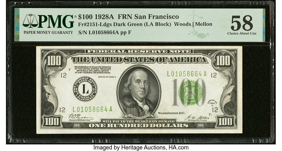 image for: Fr. 2151-L $100 1928A Federal Reserve Note. PMG Choice About Unc 58....