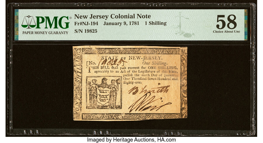 image for: New Jersey January 9, 1781 1s PMG Choice About Unc 58....