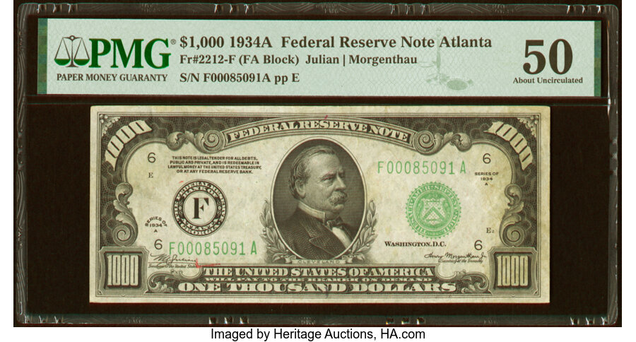 image for: Fr. 2212-F $1,000 1934A Federal Reserve Note. PMG About Uncirculated 50....