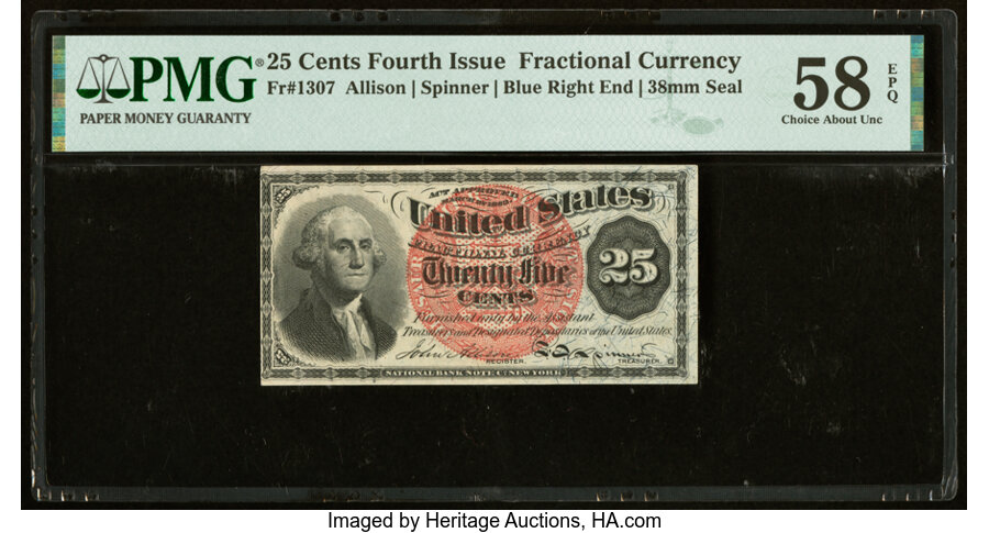 image for: Fr. 1307 25¢ Fourth Issue PMG Choice About Unc 58 EPQ....