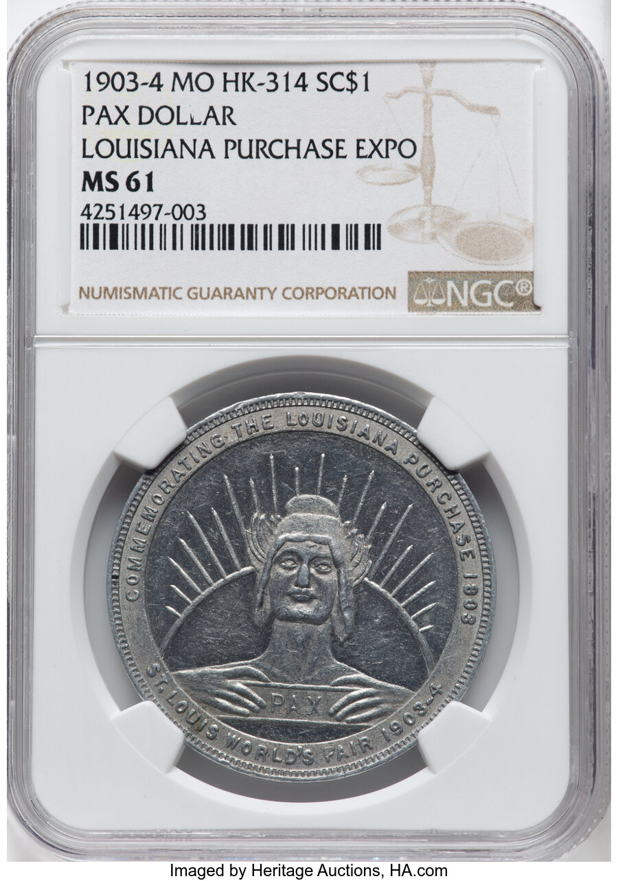 image for: 1904 Louisiana Purchase Exposition, Pax Dollar, Aluminum, HK-314, Eglit-342, Eglit-507, Hendershott-30-310, SH 13.13 AL, R.4, ...