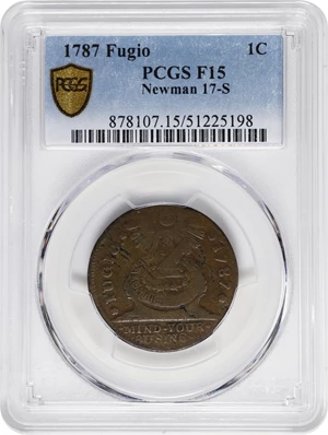 image for: 1787 Fugio Cent. Pointed Rays. Newman 17-S, W-6935. Rarity-3. STATES UNITED, 4 Cinquefoils. Fine-15 (PCGS).